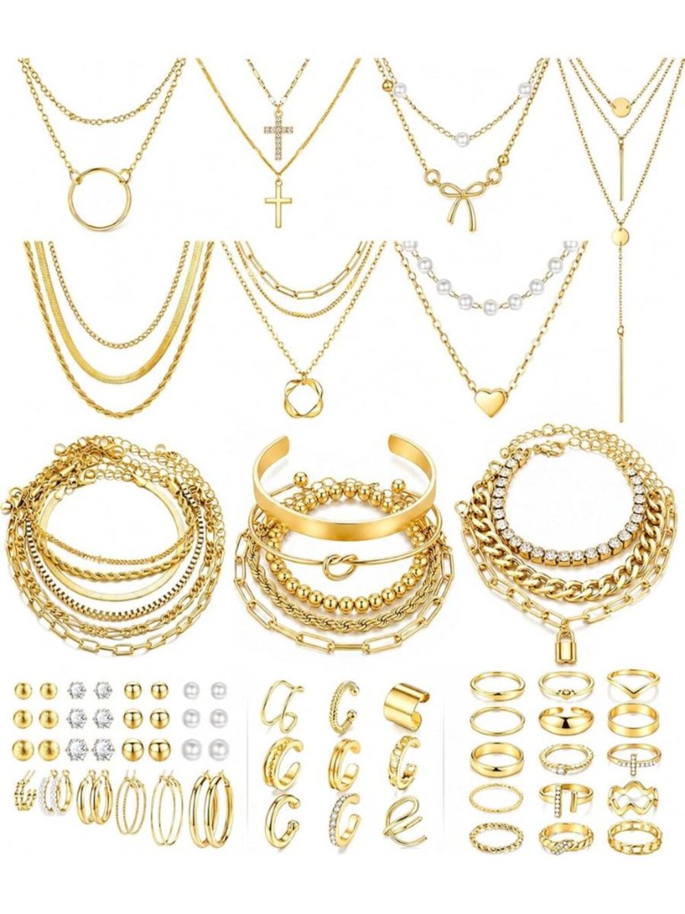 73 Pcs Gold Jewelry Set for Women, Necklaces Bracelets Rings Earrings Set